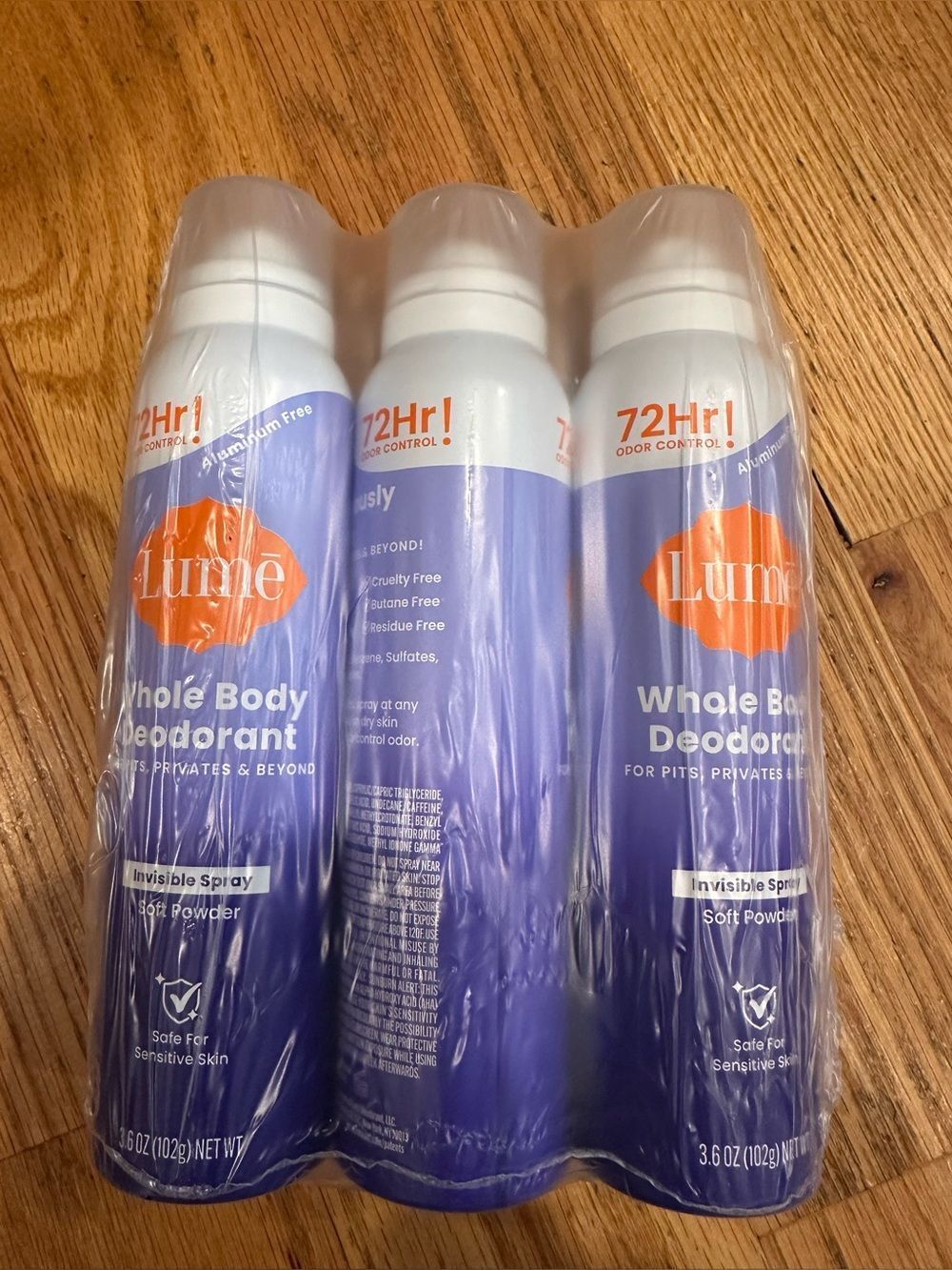 3Pk -Lume Aluminum free deodorant soft powder or tangerine
